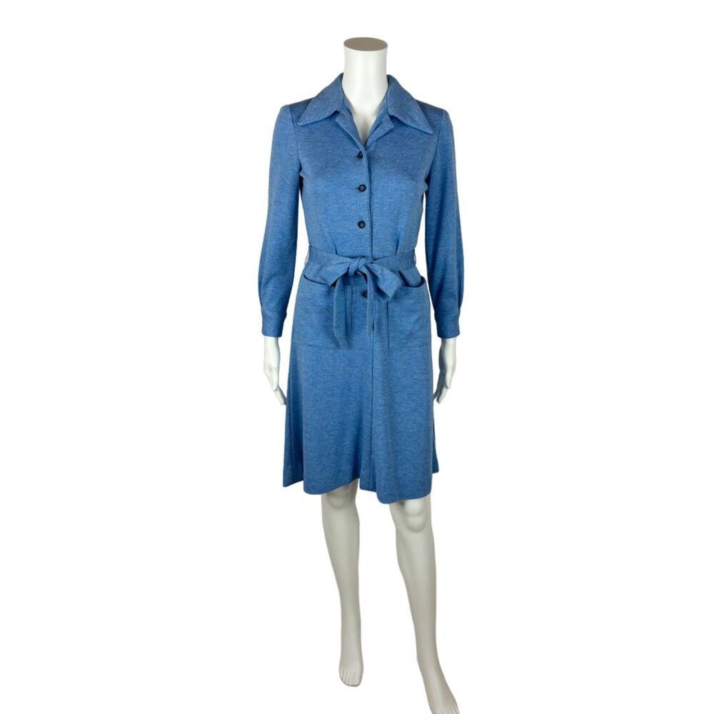Vintage 70s Blue Dress Womens Small Polyester Long Sleeve Mini Belted Shirtdress
